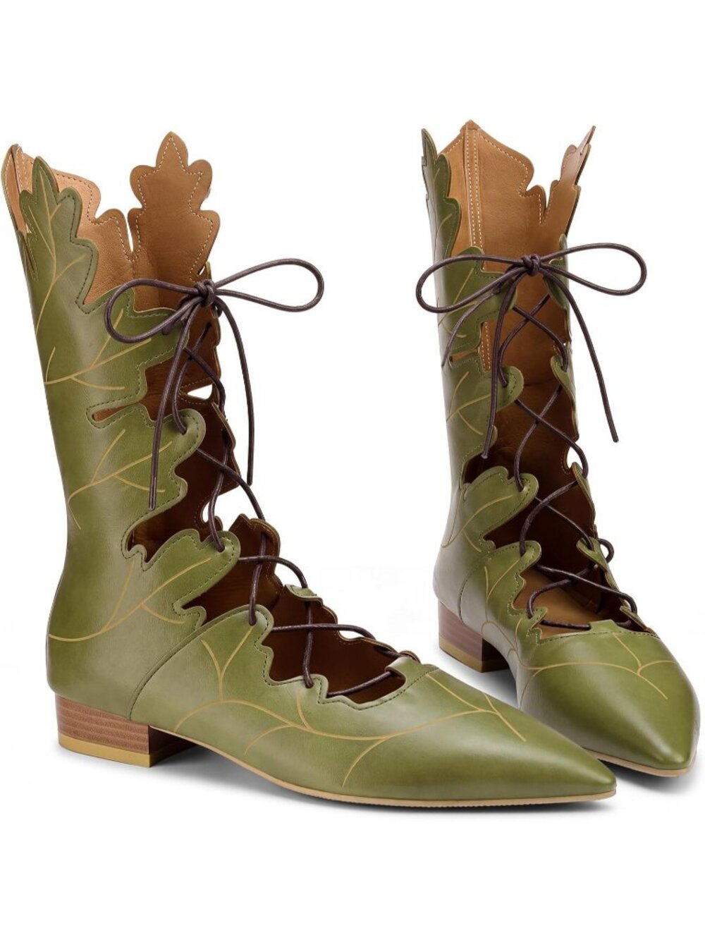 Women's Green Faux Leather Leaf Shaped Casual Low Heel Flat Halloween Boots